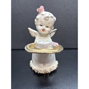 Vintage Napco Porcelain ANGEL Holding Happy Birthday Cake Japan